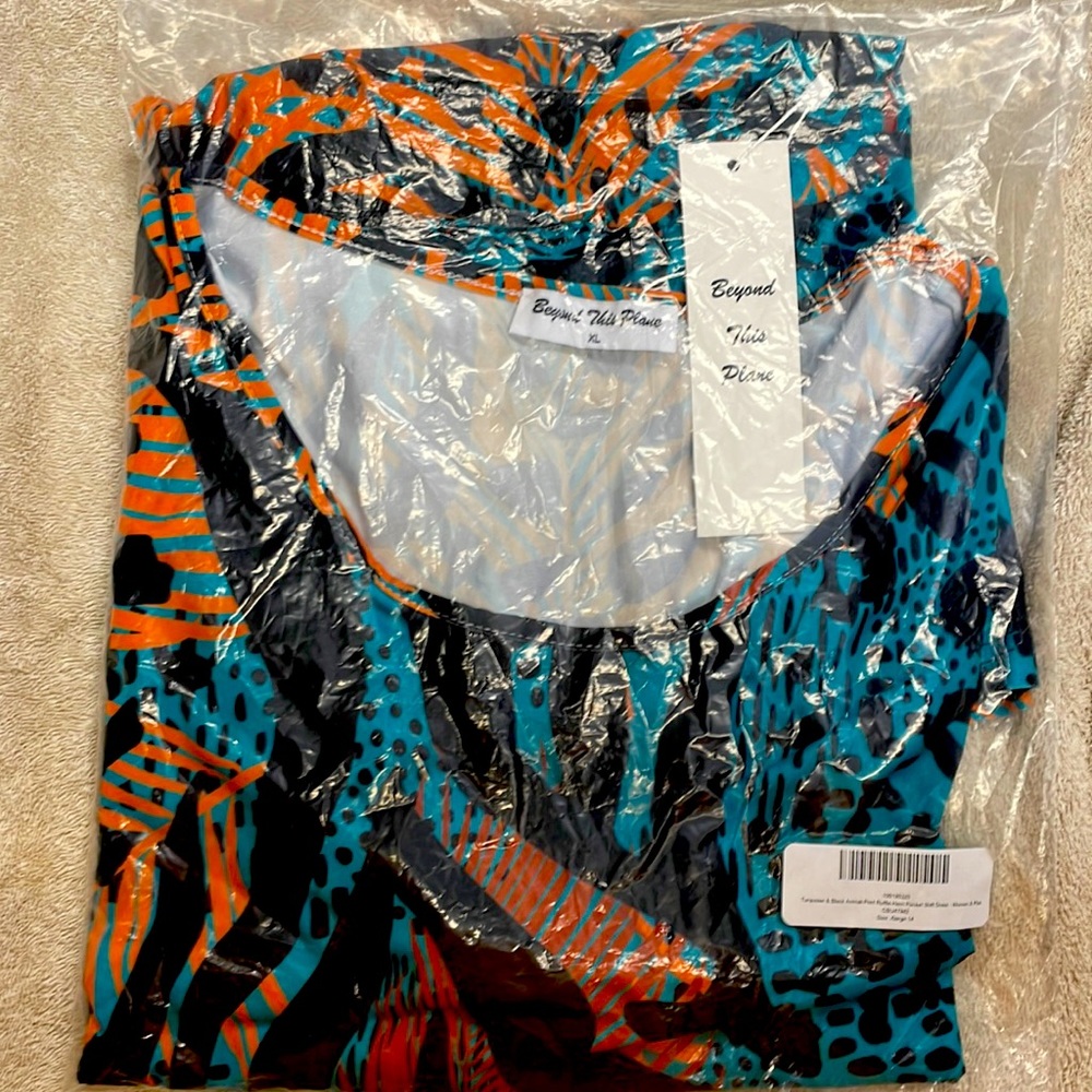 XL 14, womens &plus, turquoise/black animal print ruffle- hem shift dress.